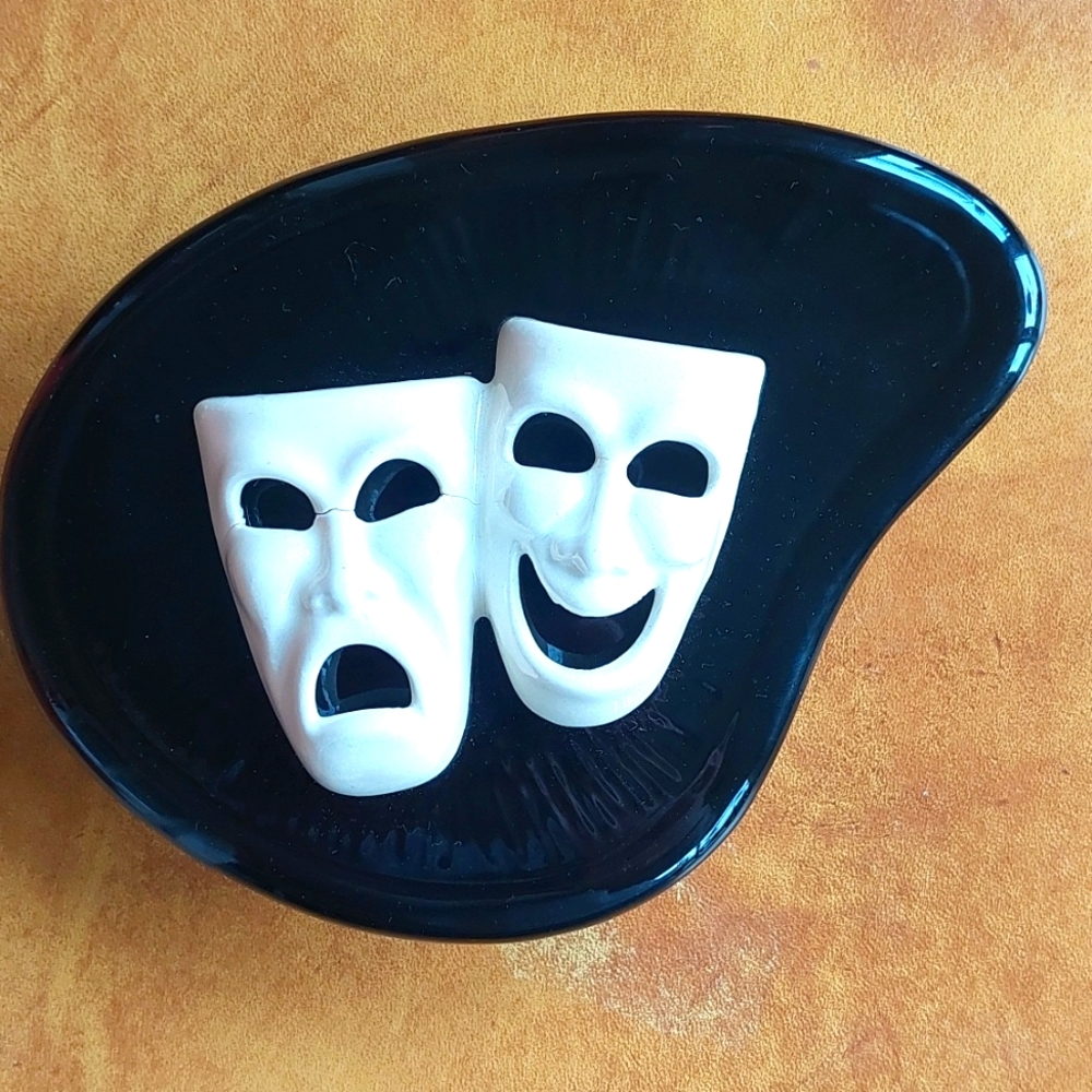Vintage ceramic tragedy and comedy trinket box with lid black and white